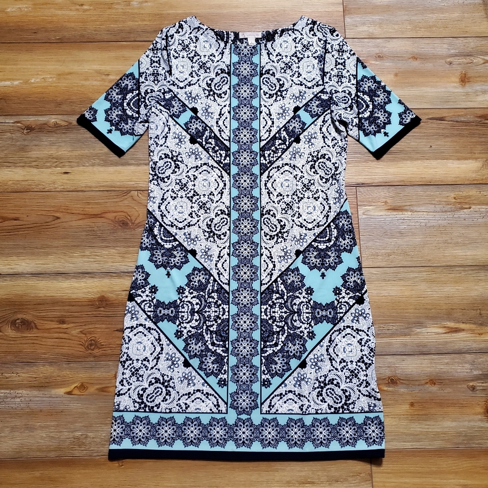 Dress Barn Women's Shift Dress Size 8 Blue Print Short Sleeve Knit